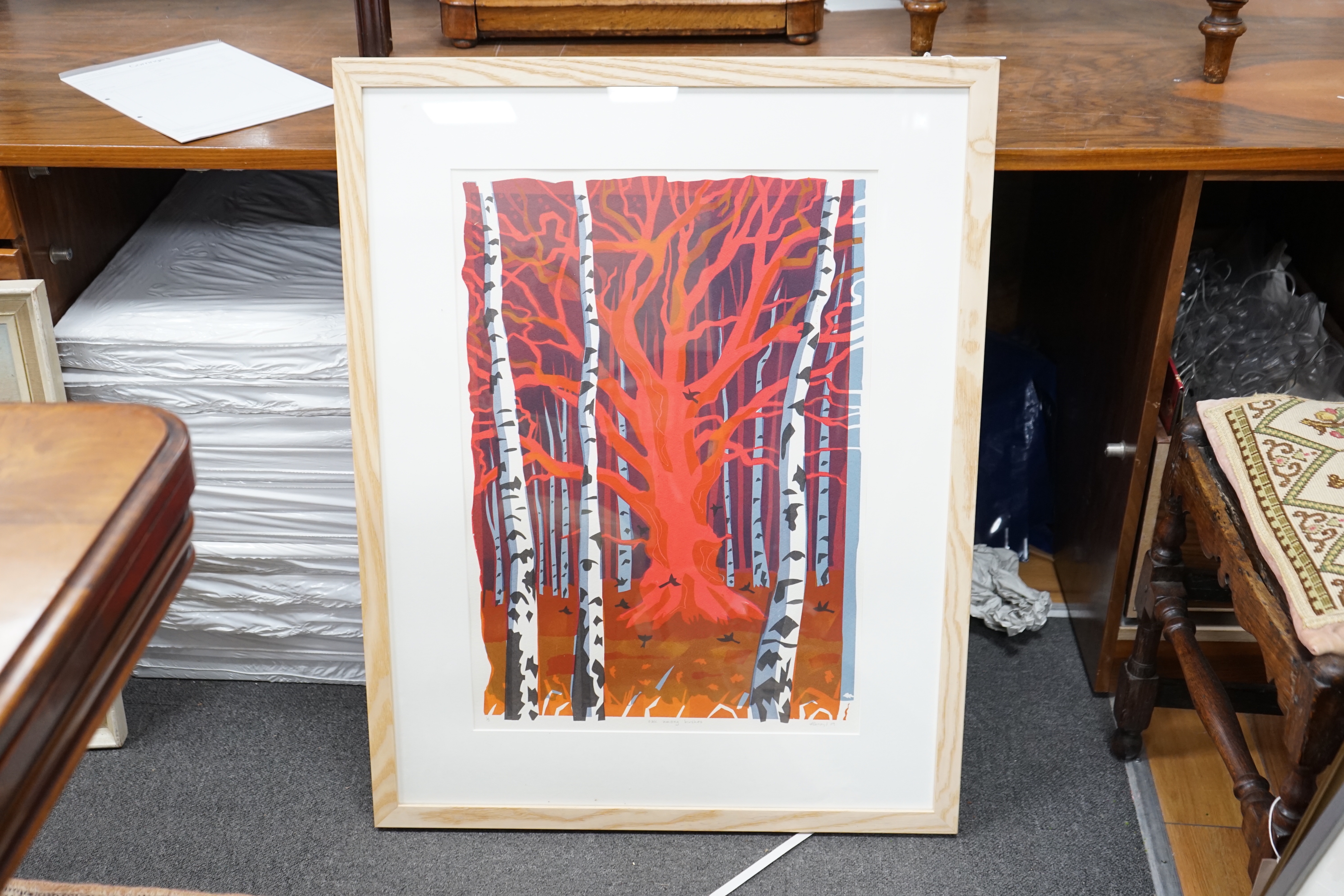 Carry Akroyd (b.1953), colour screen print, 'Oak among birch', signed and dated '09, limited edition 1 of 5, 62 x 43cm
